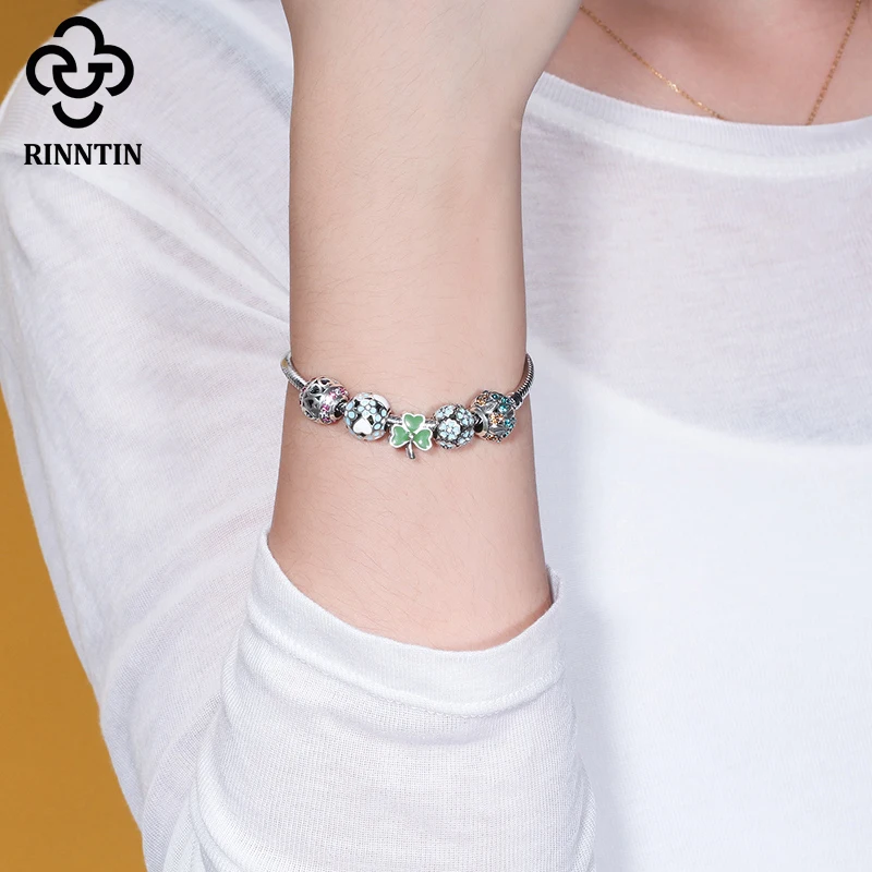 

Rinntin 100% 925 Sterling Silver Bead Lucky Clover Shape Two-Sided Design Green Color Zircon DIY Bracelet For Female TCB35