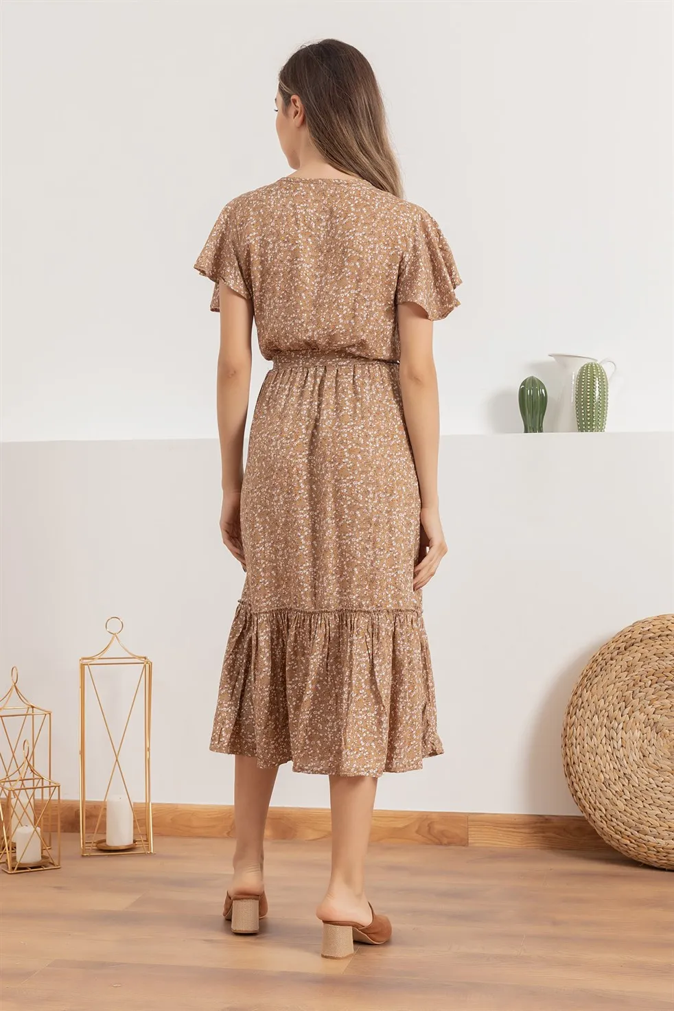 

White Button Mini Floral Dress-BEIGE