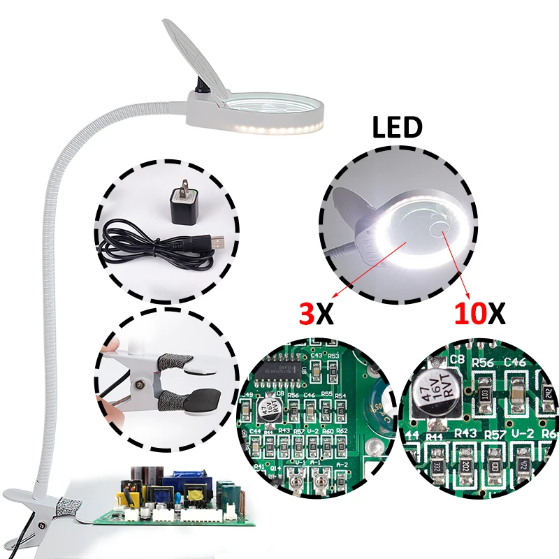 Гибкая регулирусветодиодный светодиодная Лупа с подсветкой USB 5X 3X 10X для