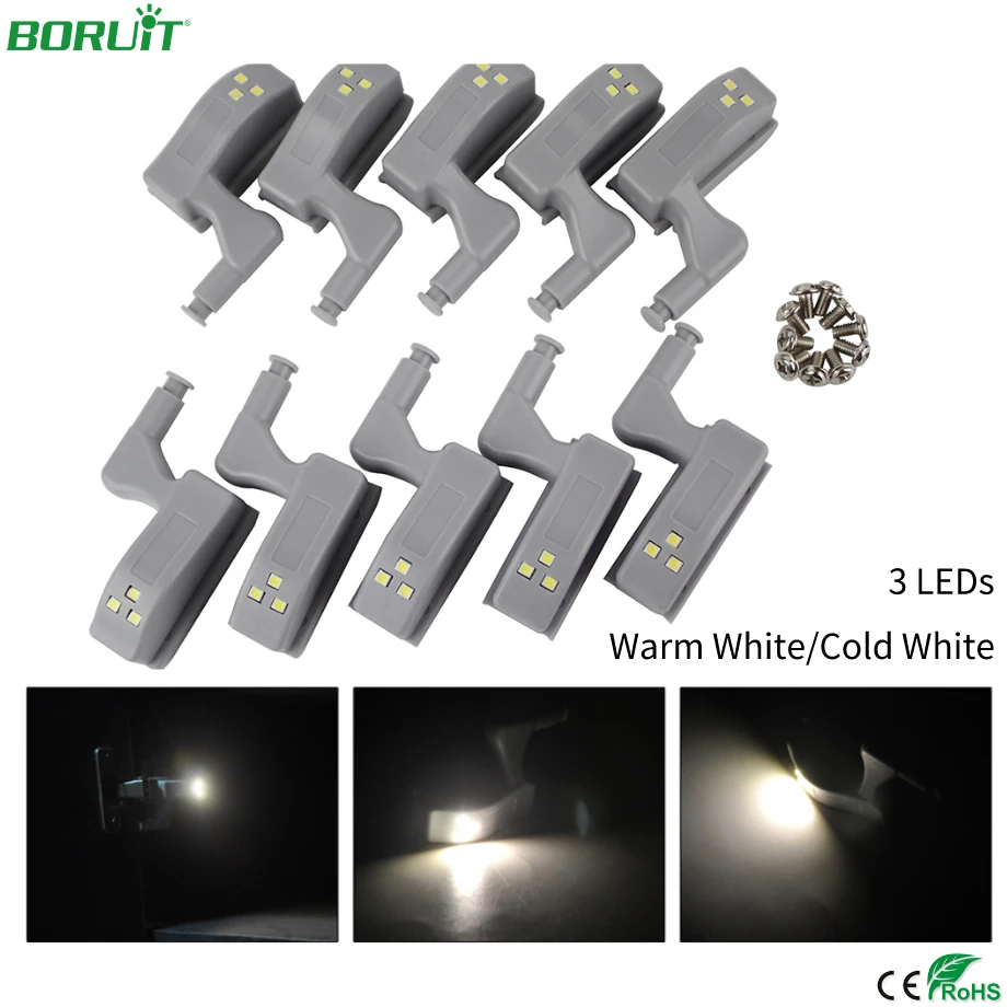 

BORUiT 10Pcs LED Inner Hinge Lamp Induction Universal Under Cabinet Light for Cupboard Closet Kitchen Bedroom Night Light