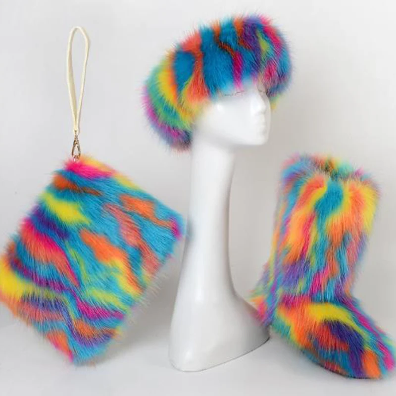 

2020Winter Women Shoes Ankle Fluffy Boots And Purse Sets Fashion High Boot And Handbags Furry Fox Fur Shoe With Bag To Match