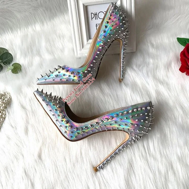 

Stylish Iridescent Silver Leather High Heel Pumps Full Spikes Studded Hologram Shallow Pumps Stiletto Heels 12CM 10CM 8CM Shoes