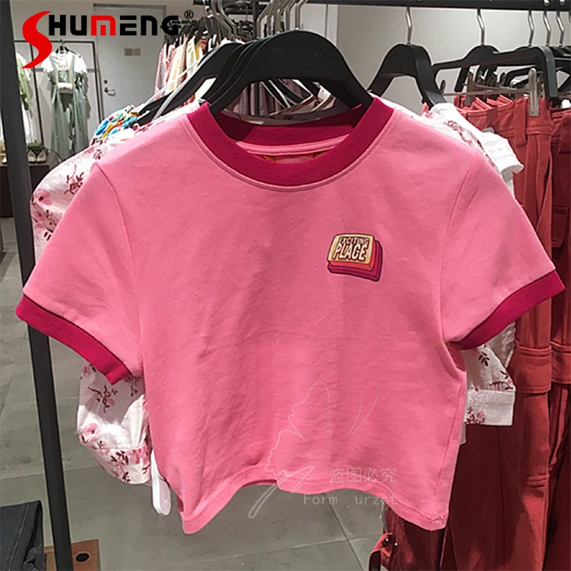 

Women Cotton Cute Pink Tshirt Streetwear 2022 Summer Solid Color T Shirt for Women Harajuku Halter Short Sleeve Tops Tee Hip Hop