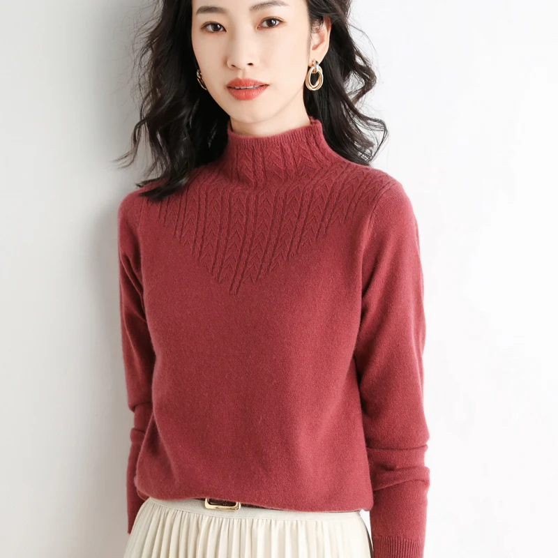 

2021 autumn and winter new wheat ear half turtleneck sweater women pullover solid color knitted bottoming shirt top