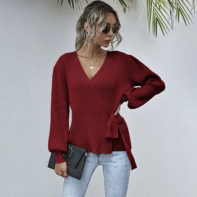 

Autumn/Winter Women's Sweater Fashion Pullover Women European Casual V-neck Waist Solid Slim Sweater Women Tops Dropshipping