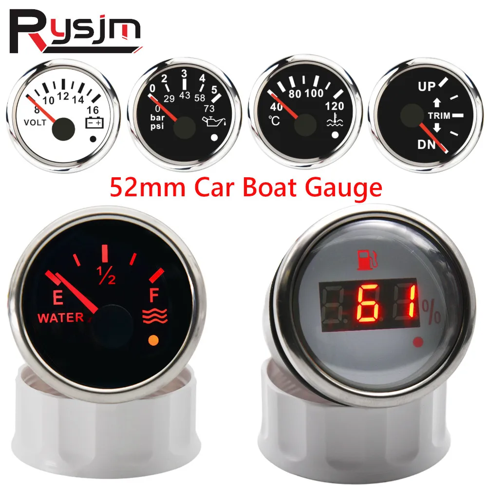 

52mm Car Gauges Marine Voltmeter Water Temperature Temp Indicator Fuel Level /Water Level Gauge 0il Pressure Trim Guages 9-32V