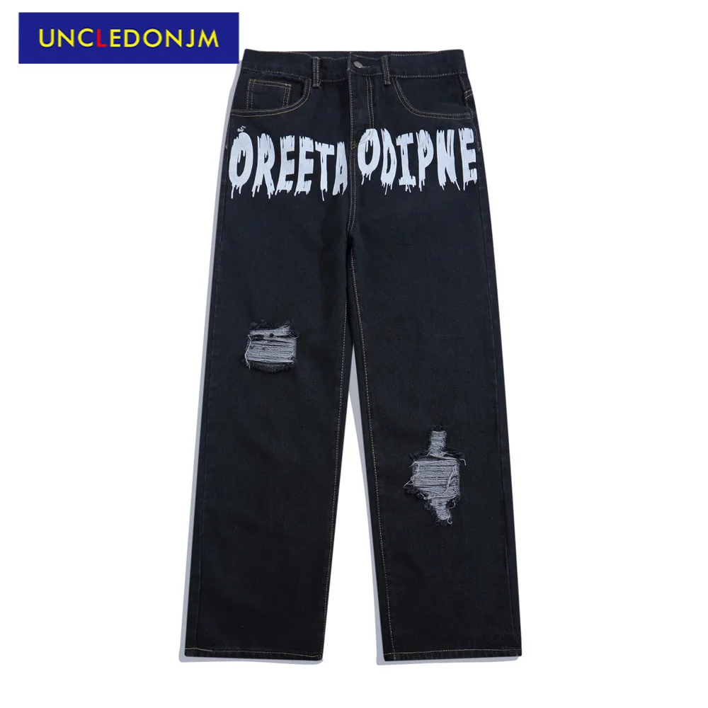 

UNCLEDONJM Ripped Jeans Men High Street Fashion Skateboard Loose Straight jeans Distressed baggy jeans 521