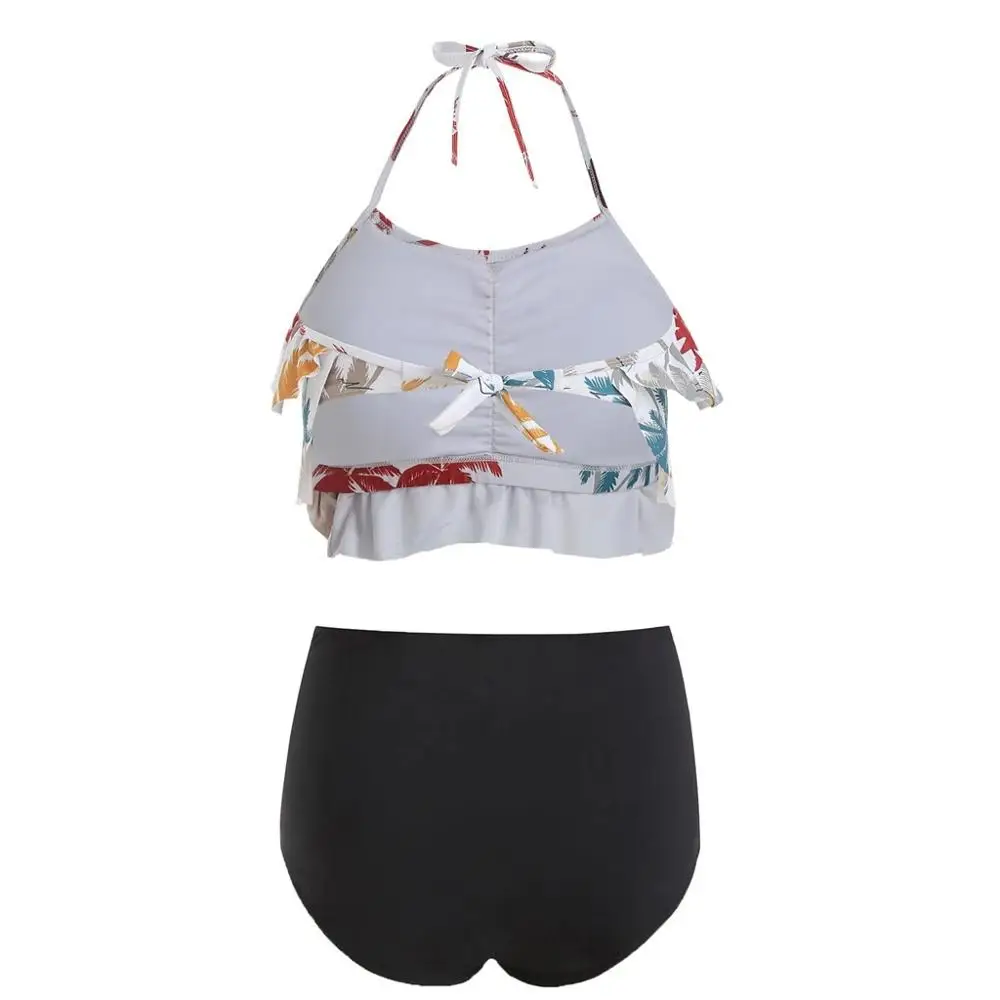 Купальник женский в богемном стиле комплект бикини с воланом и высокой талией