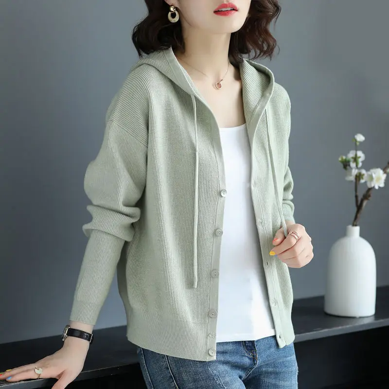 

2022 WomenSpring And Autumn Outfit 2022 Knitting Cardigan Han Edition Loose Hooded Women With lace-up single-breasted Coat Autum