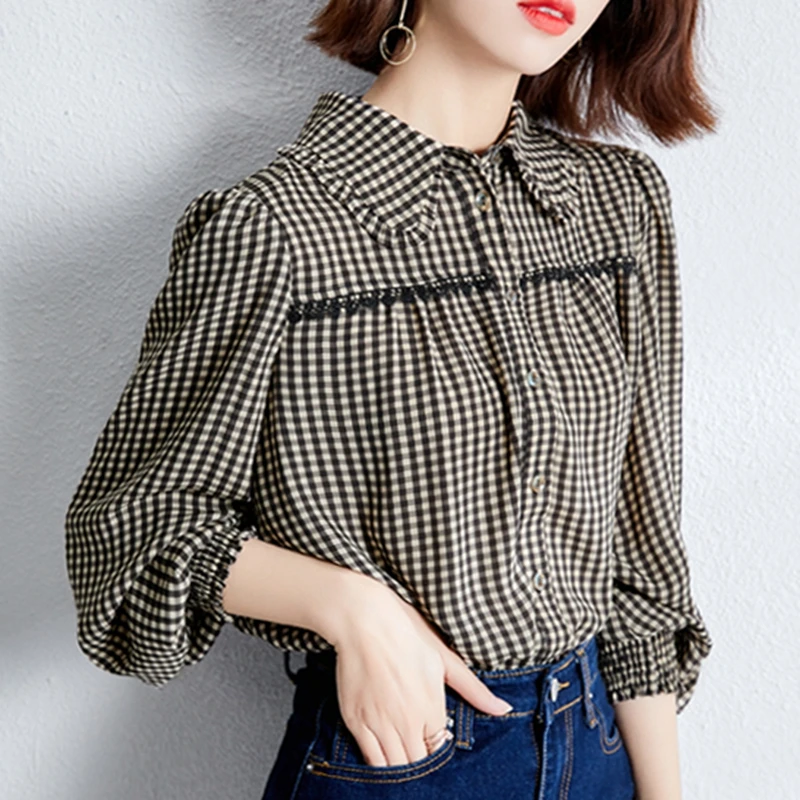 

Plaid shirt women spring autumn long lantern sleeve lace chiffon blouse ladies casual vintage shirt female tops