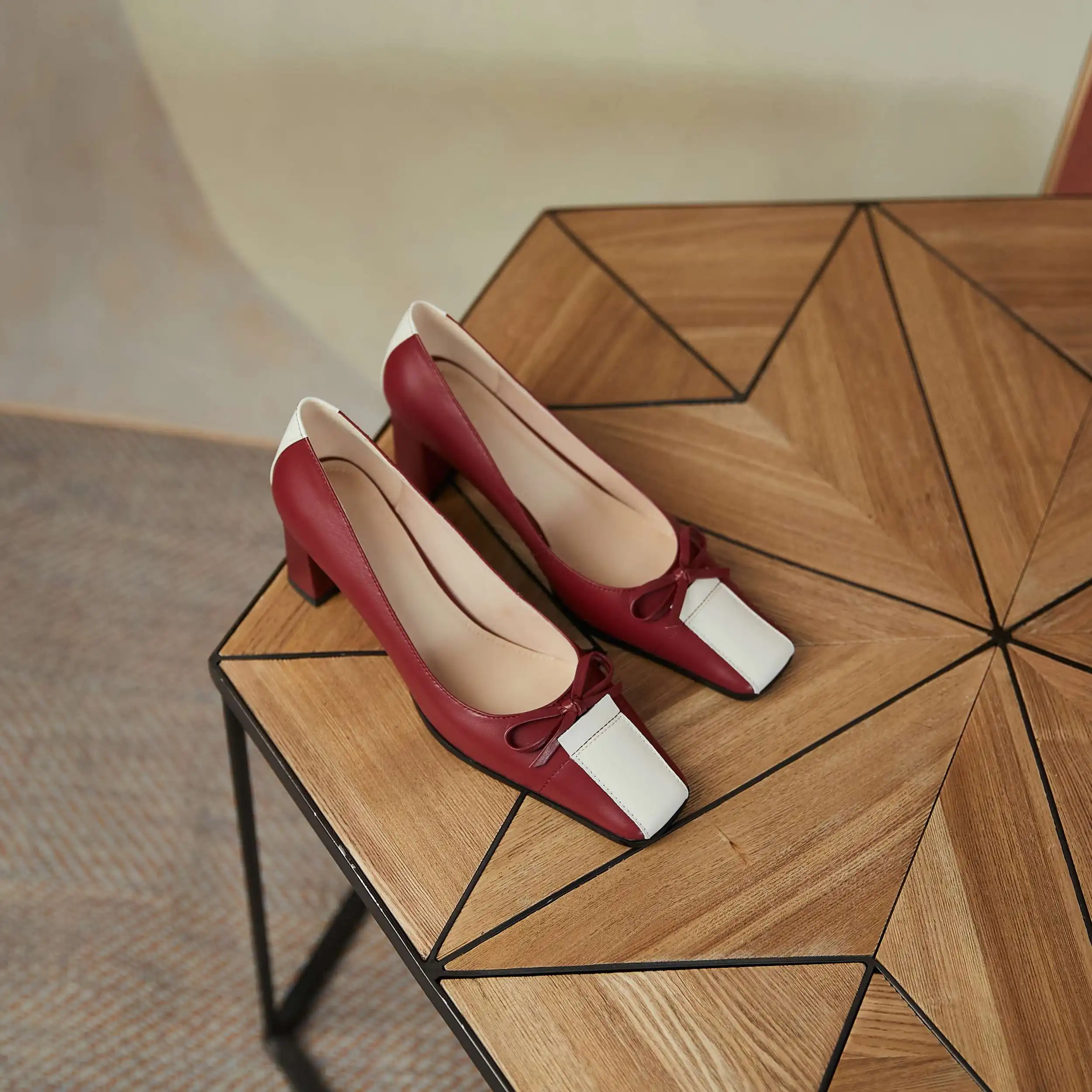 

Krazing Pot genuine leather square toe high heels mixed colors butterfly-knot French romantic young lady casual women pumps L74