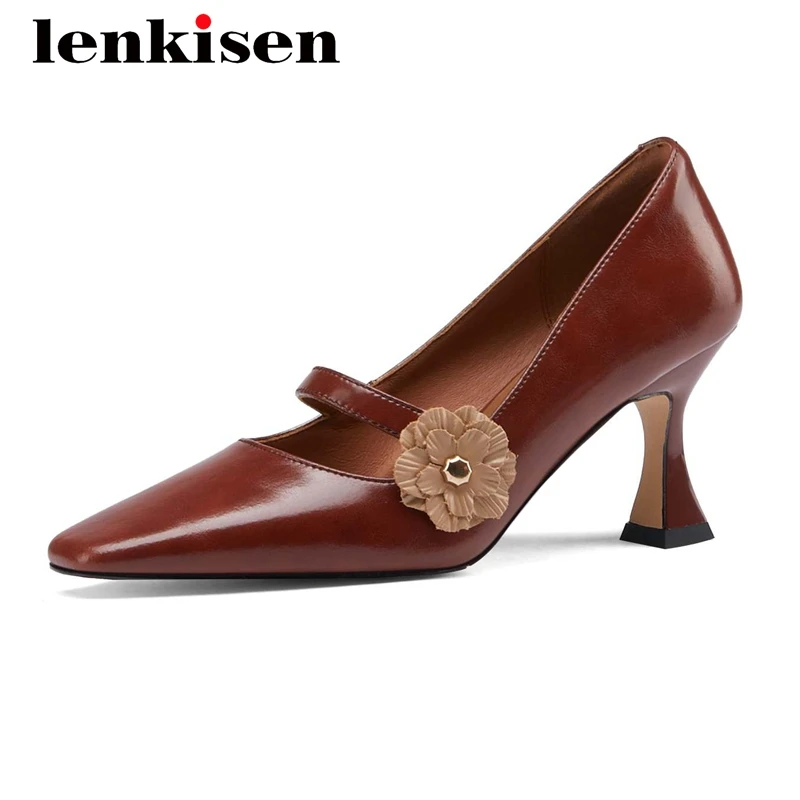 

Lenkisen french vintage full grain leather appliques sweet girls small square toe high strange heel slip on cozy women pumps L25