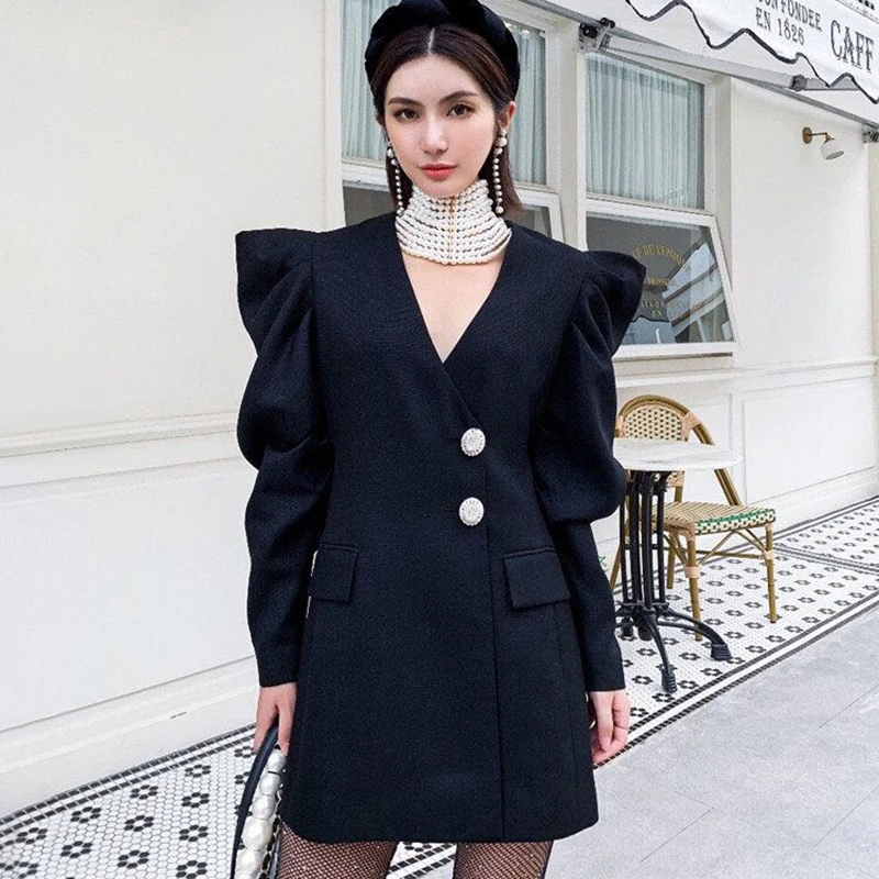 Женское винтажное платье блейзер CHICEVER Черное мини карандаш с v образным вырезом