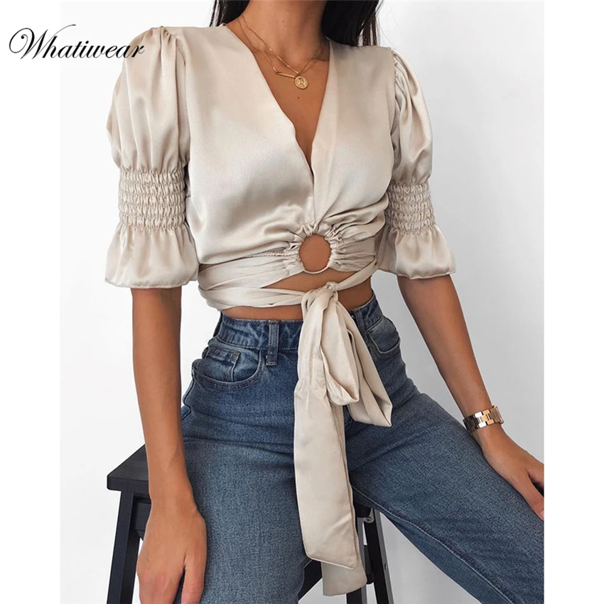 Whatiwear Boho Сексуальный летний укороченный топ, женские топы, глубокий v-образный вырез, открытая пляжная рубашка на шнуровке, blusa feminina