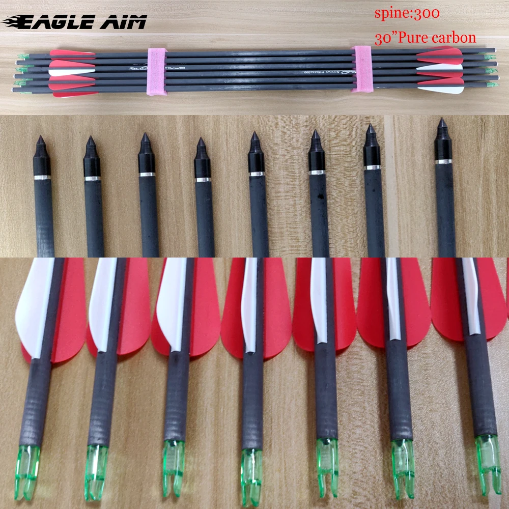 

6 PCS 300 Spine Archery Arrows OD7.6mm Pure Carbon Arrows for Compound Recurve Bow Archery Hunting Shooting