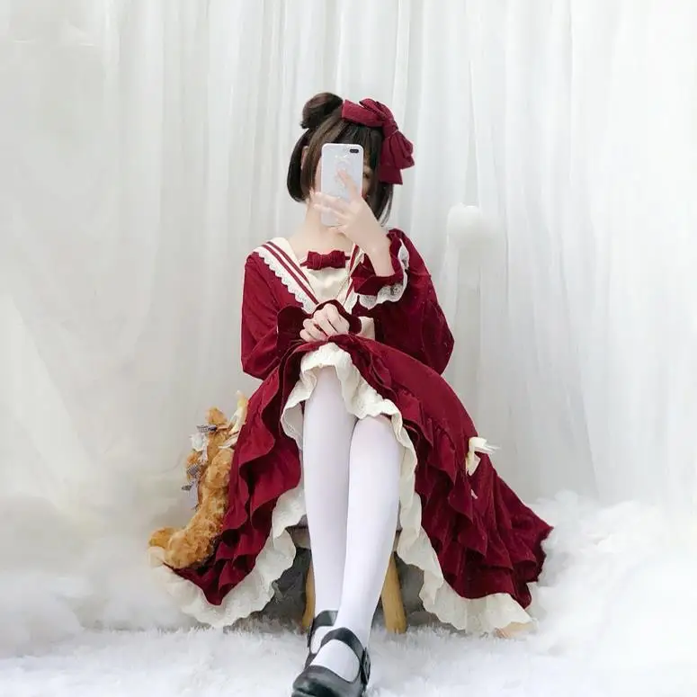 

MAGOGO Party Navy Collar OP Lolita Dress Women Long sleeve Costume Dress Loose Fashion Sweet Dress Hot