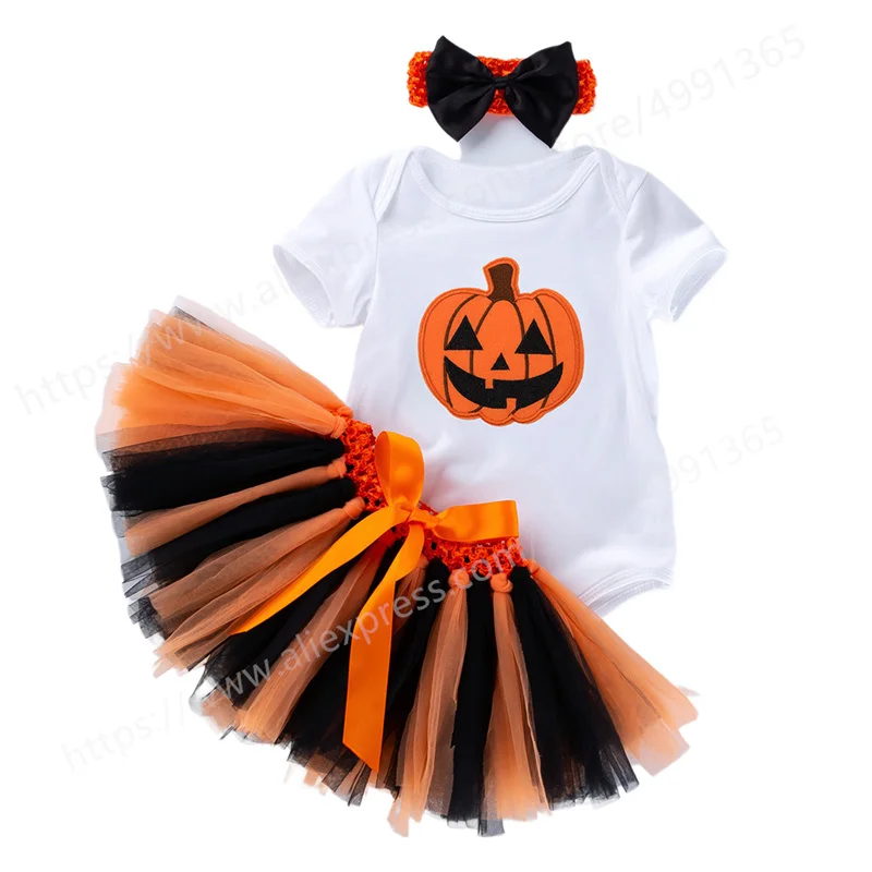

Toddler Baby Girl Halloween Dress Outfit Tops Ghost Print Shirt Tulle Tutu Skirt Headband Set with Headband