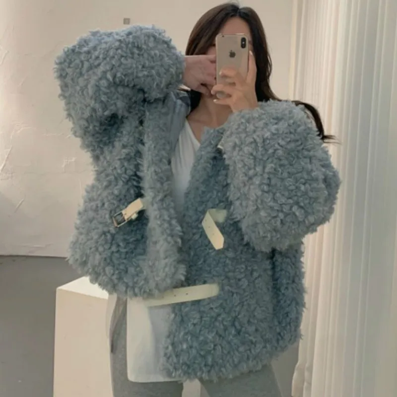 

Thick Lambswool Winter Fleece Coat Chic Loose Lace Up Cashmere Bomber Jacket Velvet Hooded Cardigan Crop Tops Jackets Chaquetas