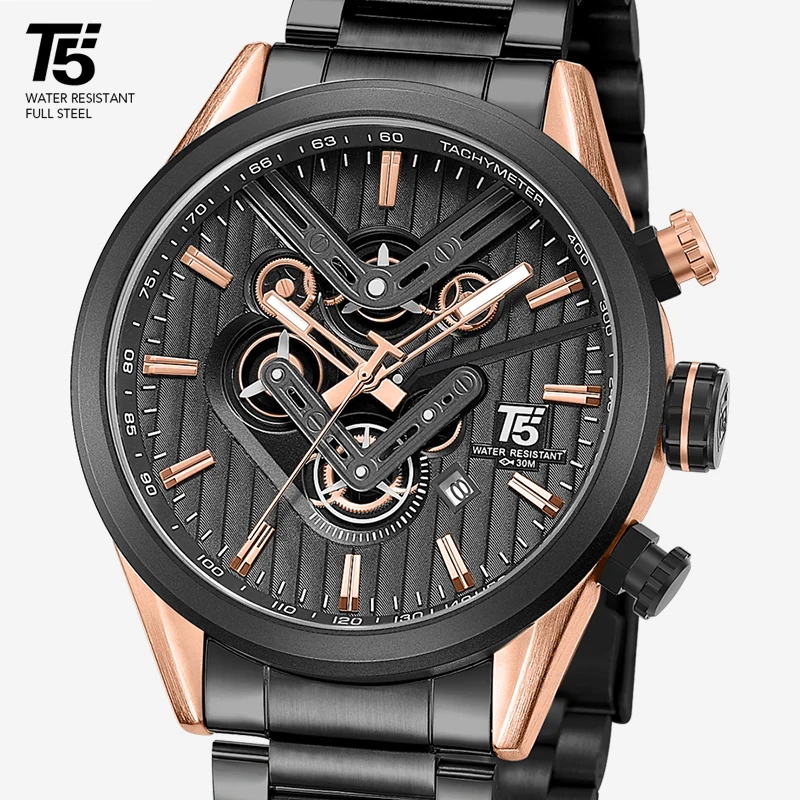 Розовое золото мужские черные кварцевые хронограф водонепроницаемые Топ