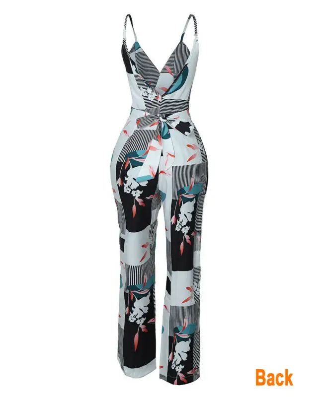 Женский полосатый комбинезон с геометрическим принтом и V образным вырезом