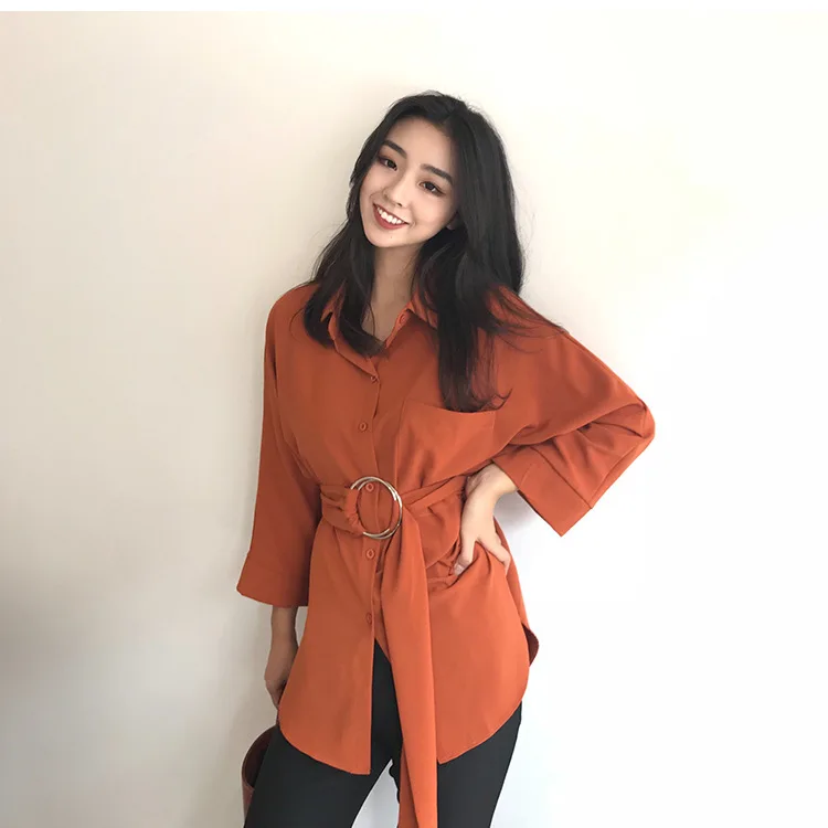 5 цветов Осенняя рубашка с отложным воротником и поясом женские стильные