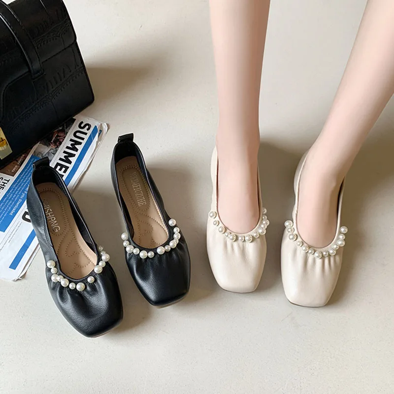 

New Style Comfortable Flat Square Toe Women's Single Shoe Cover Foot Spring And Autumn Trend Pearl Pure Color Casual Shoes.