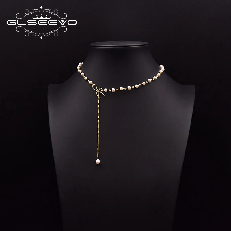 

GLSEEVO Handmade Natural Freshwater Pearl Necklace For Women Wedding Party Bow Style Pearl Pendant Classic Chain Jewelry GN0267