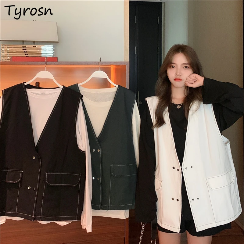 

Vests Women Elegant V-neck Daily Outwear All-match OL Loose Solid BF Students Korean Style Harajuku Simple Waistcoats Fashion