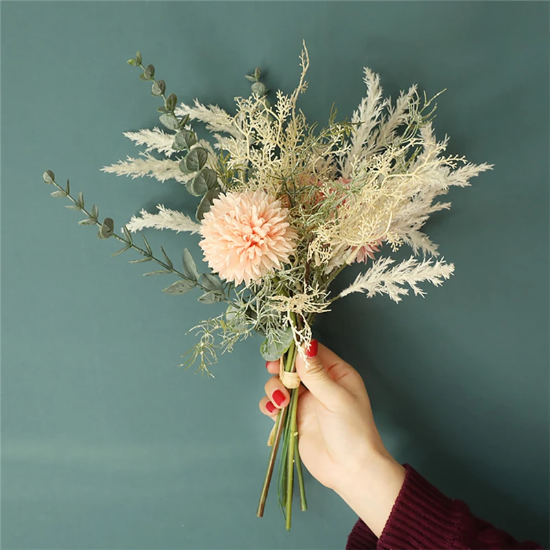 

Artificial Flowers Silk Dandelion Plastic Eucalyptus Hybrid Bouquet Wedding Engagement Party Tabletop Home Deocr Fake Flower