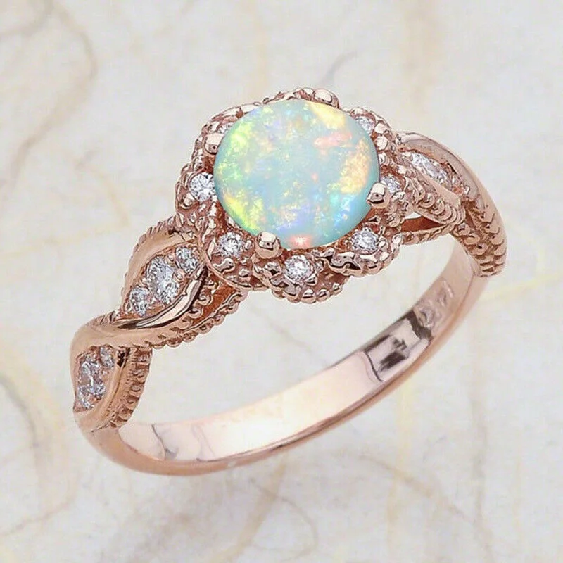 Rose Gold Plated Filled Round Simulated Opal Wedding Engagement Gift Ring Size 6-10