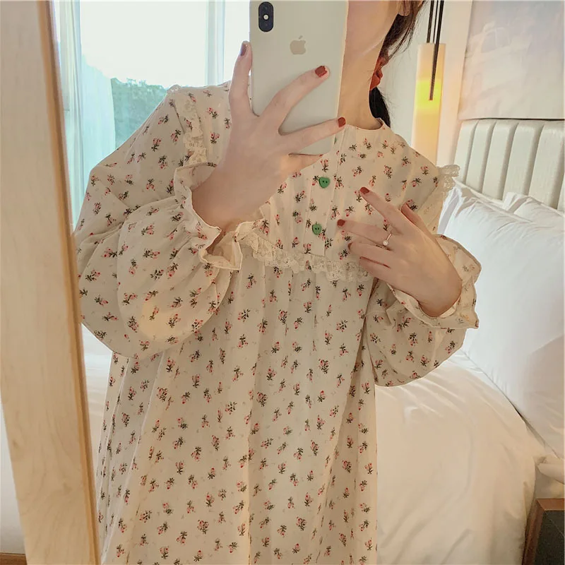 Spring Autumn New Korean Lovely Floral Nightdress Women Cotton Lace Long Sleeve Princess Wind Nightgown Home Wear Sleepwear