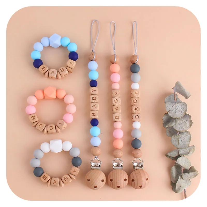

XCQGH 2Pcs/set Silicone Beads and Beech Wooden Beads Baby Bracelet and Pacifier Nipple Holder Clip