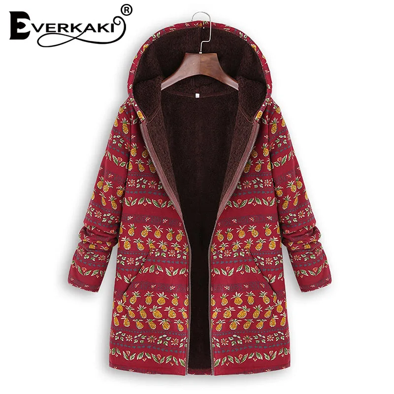 Everkaki Boho зимнее пальто куртка Женская Плюс Размер Толстая бархатная молния с капюшоном карманы пальто куртки женские осень зима - Цвет: Red