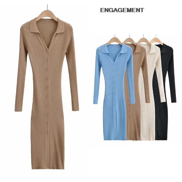 

ENGAGEMENT Za 2021 Trafaluc Sexy single-breasted knitted dress autumn slim midi skirt