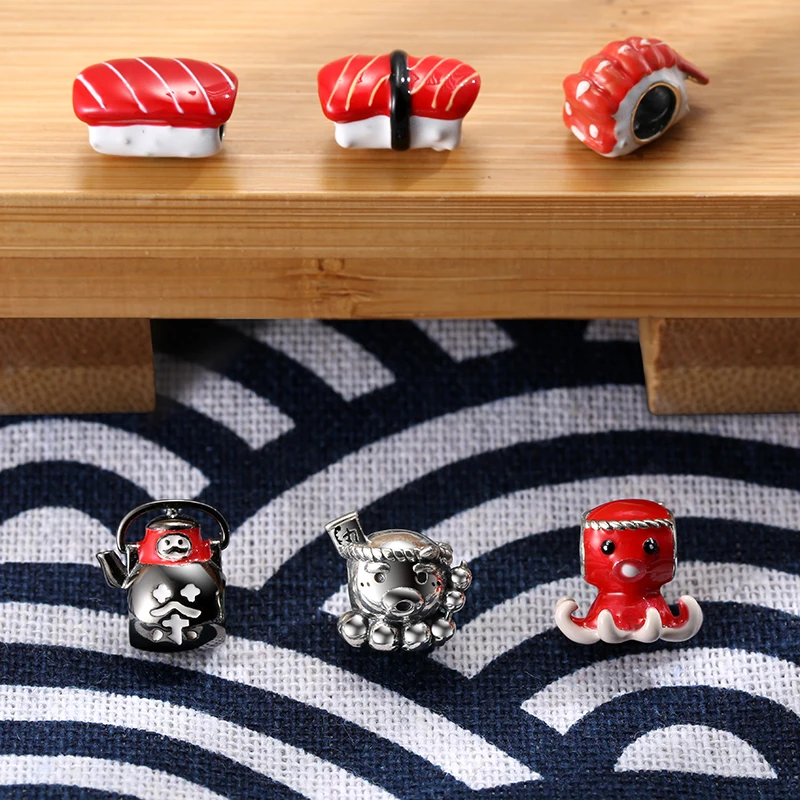 

Original New 925 Silver Beads Japanese cuisine Seafood sushi takoyaki teapot Charms Jewelry Making fit DIY Silver Bracelet Women