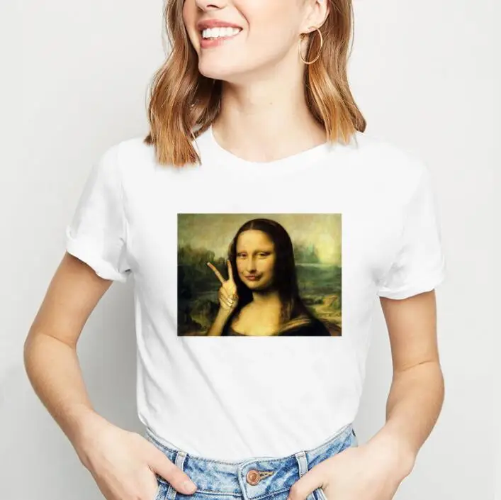 Летняя новая забавная повседневная футболка Mona Lisa с коротким рукавом | Женская