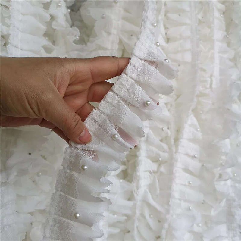 

5CM Luxury White 3d Lace Chiffon Folds Beaded Edge Sewing DIY Wedding Dress Headdress Applique