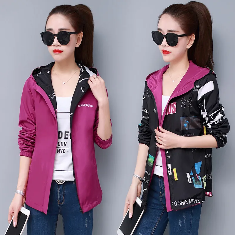 

New Women Jacket Streetwear Hooded Printed Coat Causal Windbreaker Female Reversible baseball Zippers Basic Jacket Plus size 4XL
