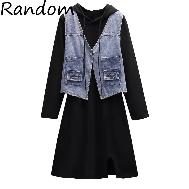

Winter Plus Size 4XL Women Denim Vest Crop Top And Hooded Sweatershirt Dress Two Piece Set Street Outfits Ladies Sport Clothing