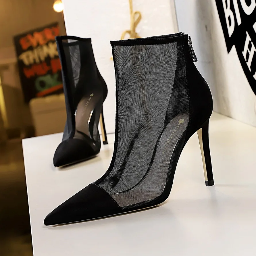

Spring Autumn New Sexy Mesh Ankle Boots Women Pointed Toe Stiletto Heels Fashion Zip Ladies Party Shoes Size 34-40