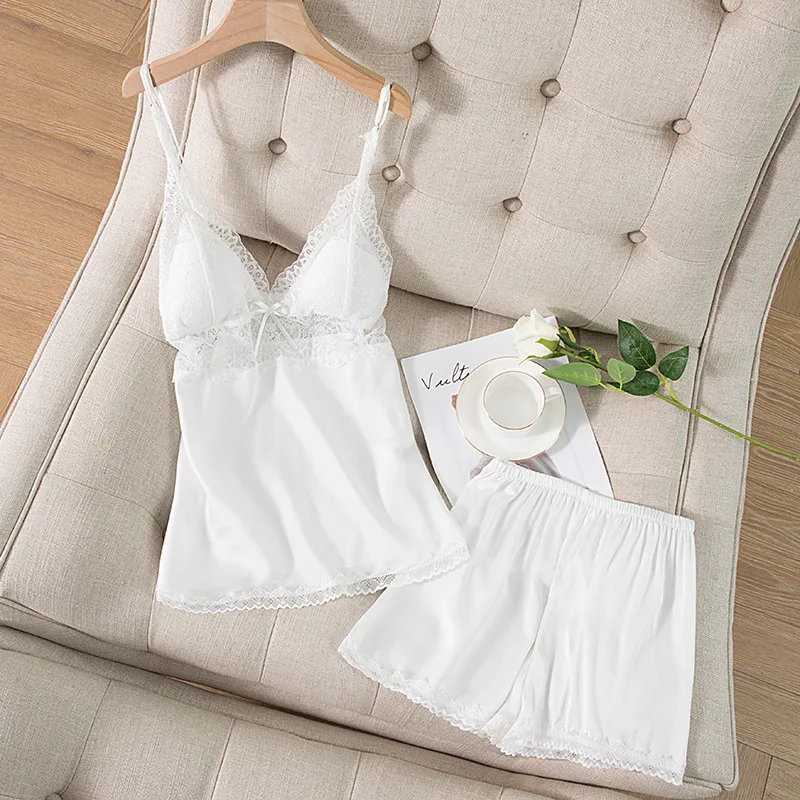 

Satin Pajamas Women 2PCS Strap Top&Shorts Sexy Lace Patchwork Intimate Lingerie Bathrobe Kimono Gown Casual Sleepwear Homewear
