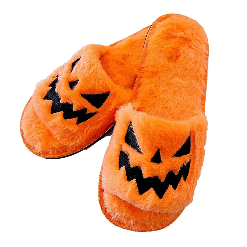 Pink Halloween Jack O Lantern Pumpkin Slippers Soft Plush Cozy Open Toe Women Indoor or Outdoor Fuzzy Slippers Gifts For Ladies
