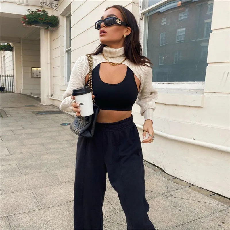 Julissa Mo Lantern Sleeve Knitted Turtleneck Sweater Autumn Long Women Casual Pullover Female Black Streetwear | Женская одежда