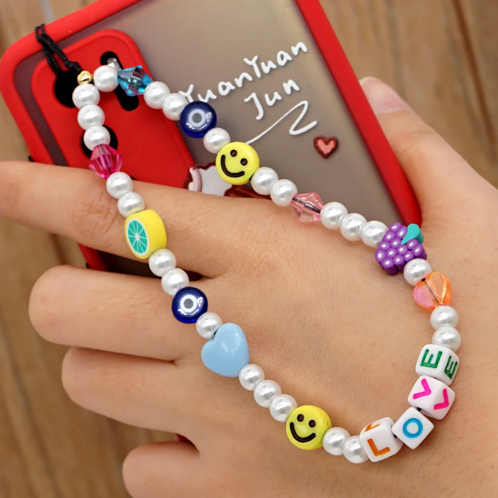 

Simulated Pearl Fruit Bead Chain Lanyard Strap Cord for Mobile Phone Anti-lost Chain for Women Cellphone Accessories