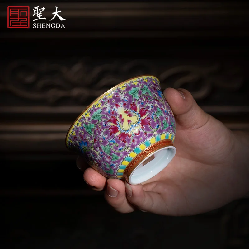 

purple ground enamel color twined branch flowers inner painting landscape master cup all handmade Jingdezhen tea set