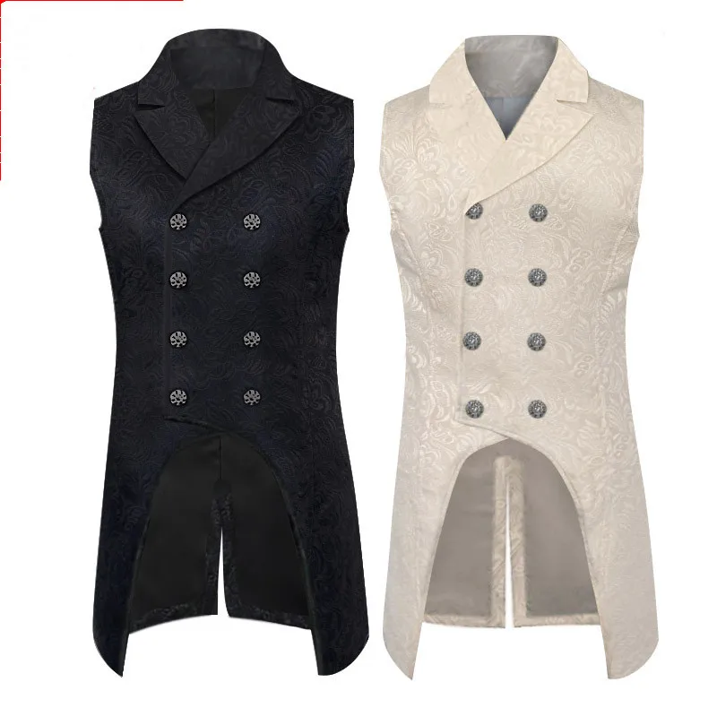 

vintage Men coats medieval Steampunk cosplay Gothic Sleeveless Lapel Collar Double-Breasted formal prom party Jacquard Coat