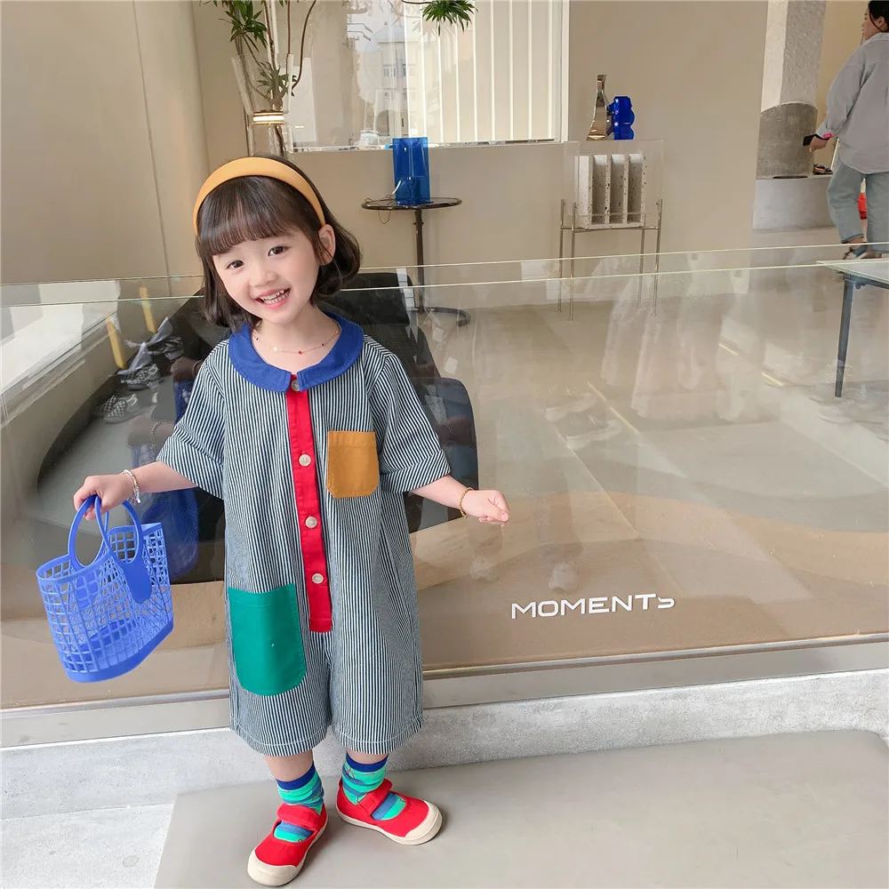 

Children Pants 2021 Summer New Contrast Color Loose Thin Girls and Boys Korean Casual Jumpsuit