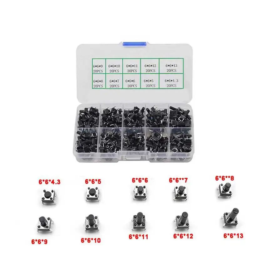 

200pcs 10 Models 6*6 Tact Switch Tactile Push Button Switch Kit, Height: 4.3MM~13MM DIP 4P Micro Switch 6x6 Key Switch