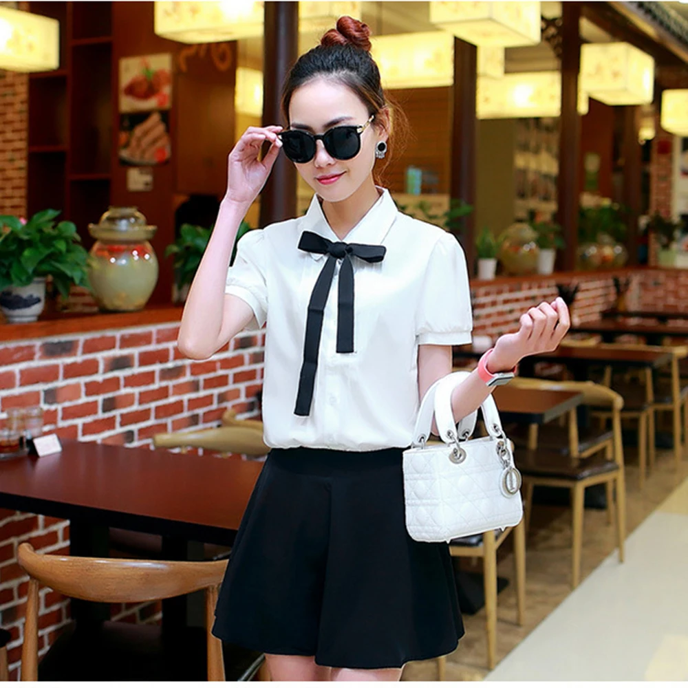 

Vintage Women'S Tops Home Women Office Polyester White Bow Short Sleeve Basic Tees Loose Chiffon Blouse