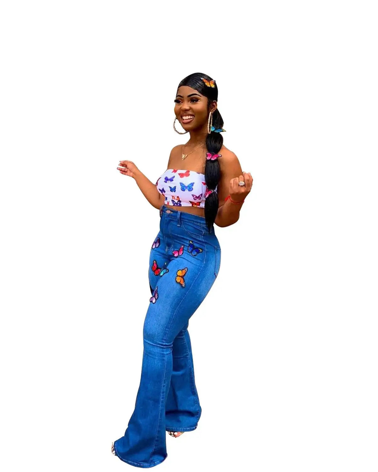 Синие джинсы с вышивкой Женские винтажные длинные расклешенные брюки высокой